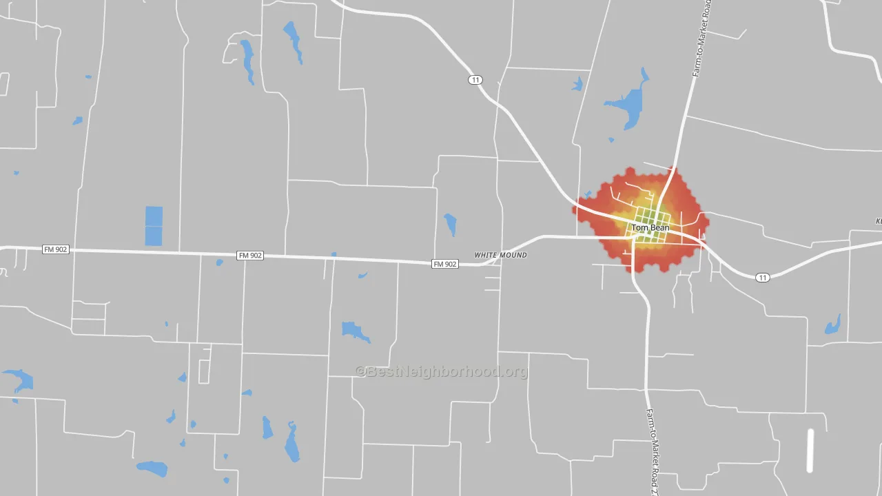 Walk Grade map of White Mound, TX, walkable areas in green and car-dependent areas in red