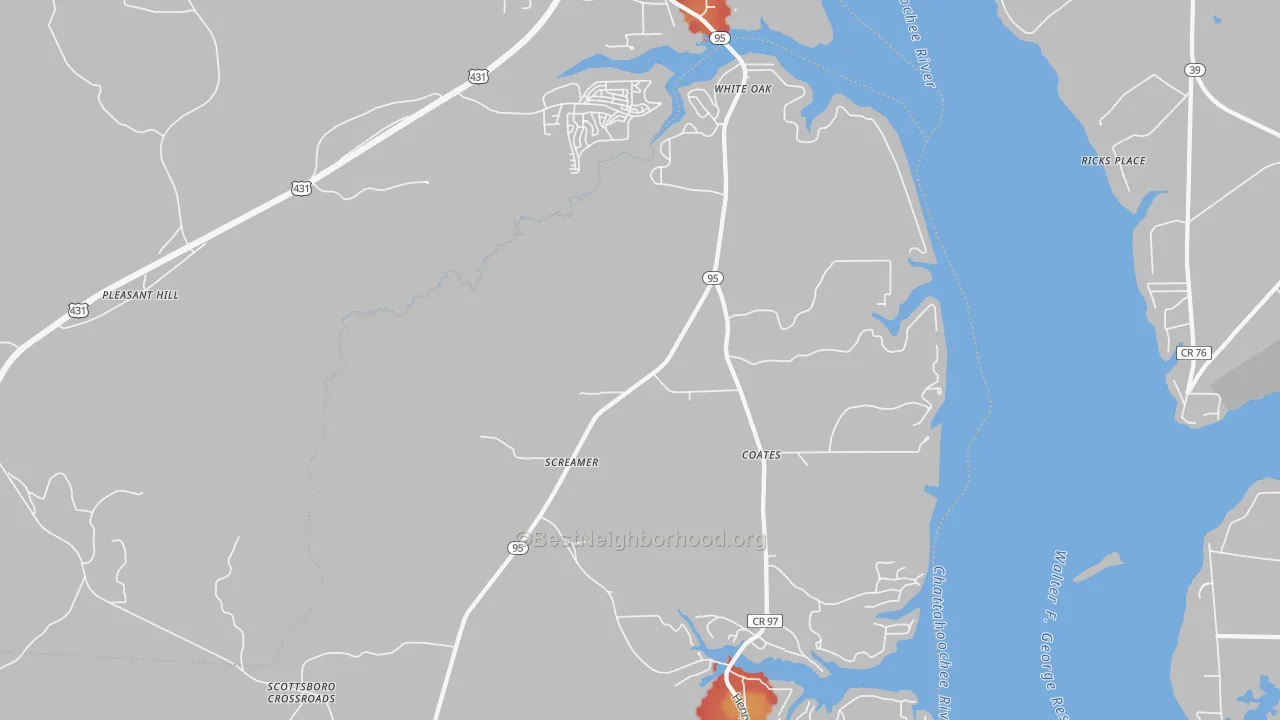 Walk Grade map of White Oak, AL, walkable areas in green and car-dependent areas in red