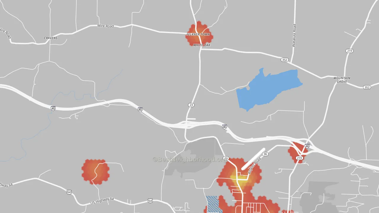 Walk Grade map of White Oak, AR, walkable areas in green and car-dependent areas in red