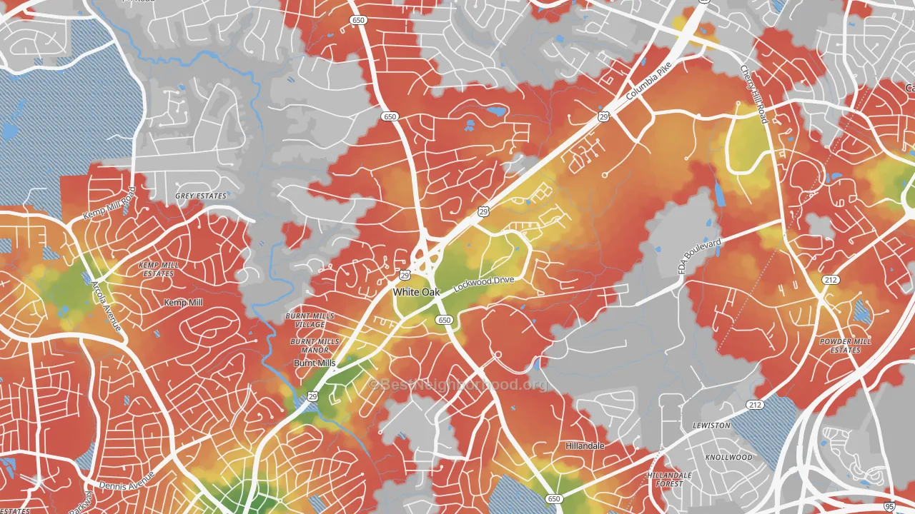 Walk Grade map of White Oak, MD, walkable areas in green and car-dependent areas in red
