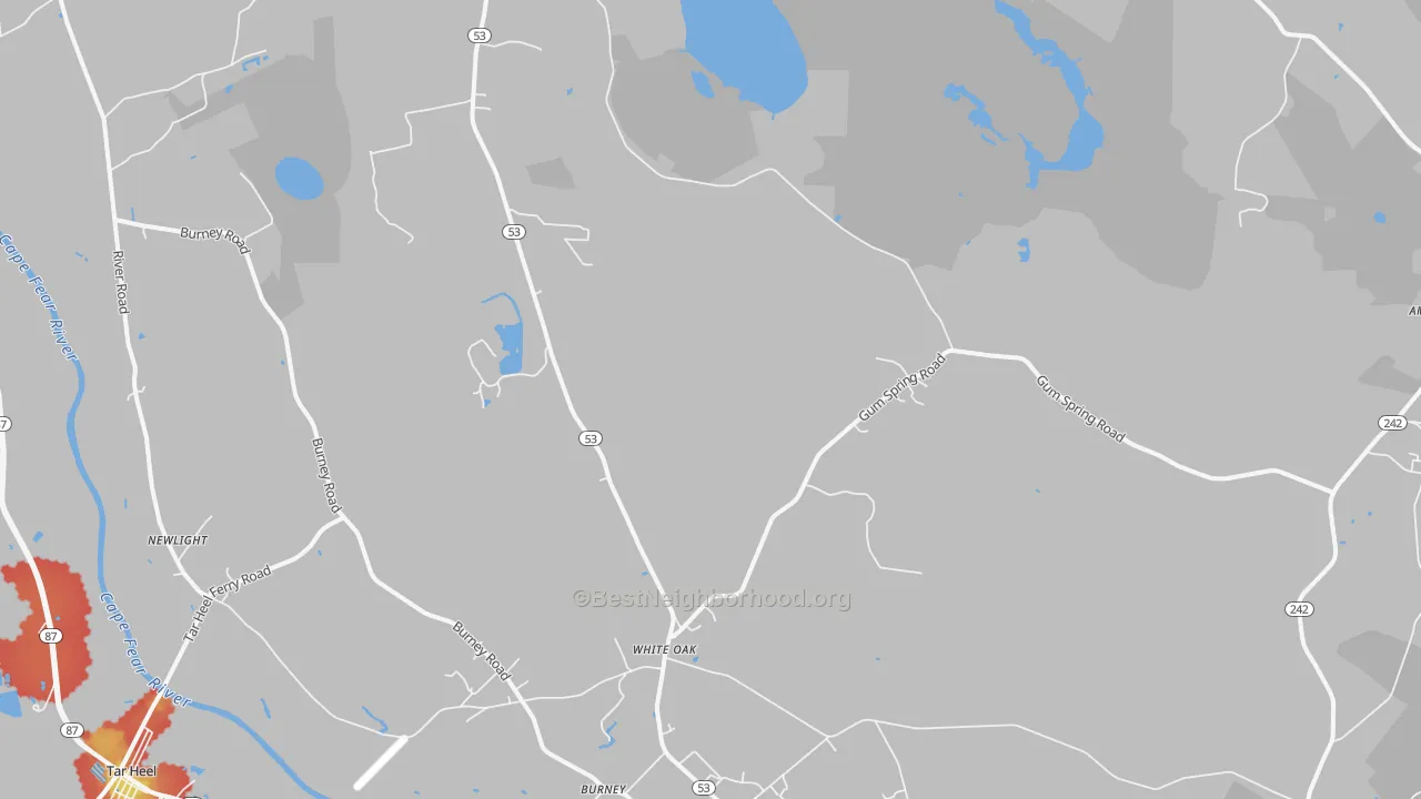 Walk Grade map of White Oak, NC, walkable areas in green and car-dependent areas in red
