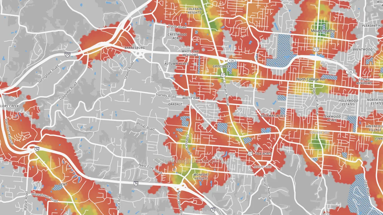 Walk Grade map of White Oak, OH, walkable areas in green and car-dependent areas in red