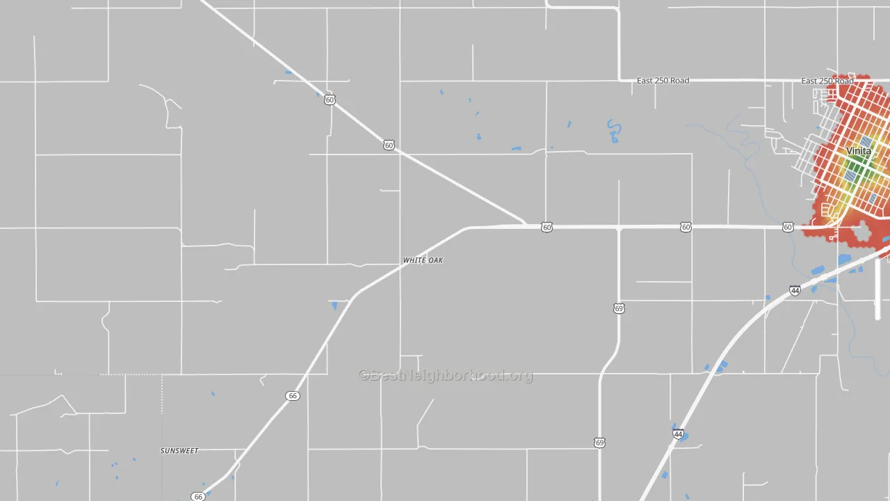Walk Grade map of White Oak, OK, walkable areas in green and car-dependent areas in red