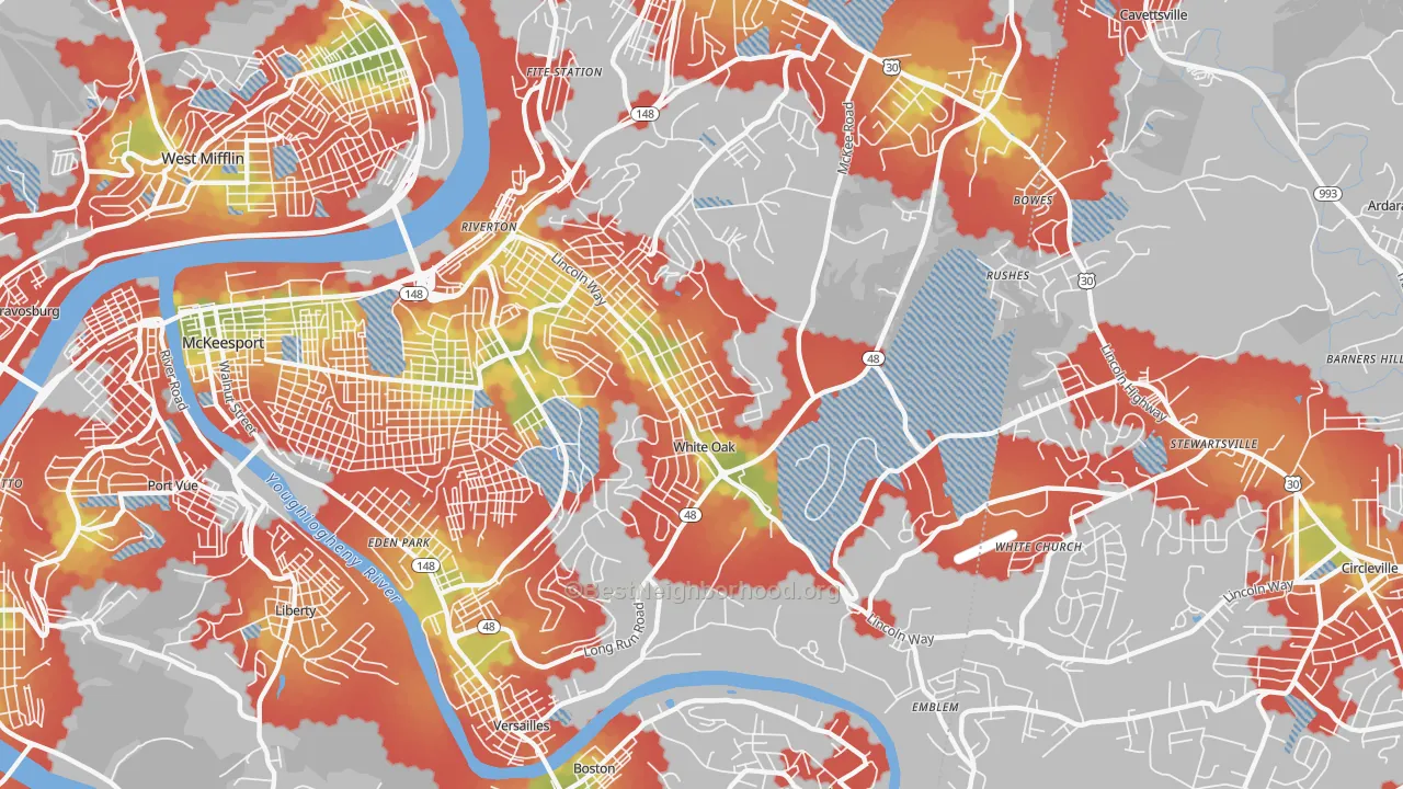 Walk Grade map of White Oak, PA, walkable areas in green and car-dependent areas in red