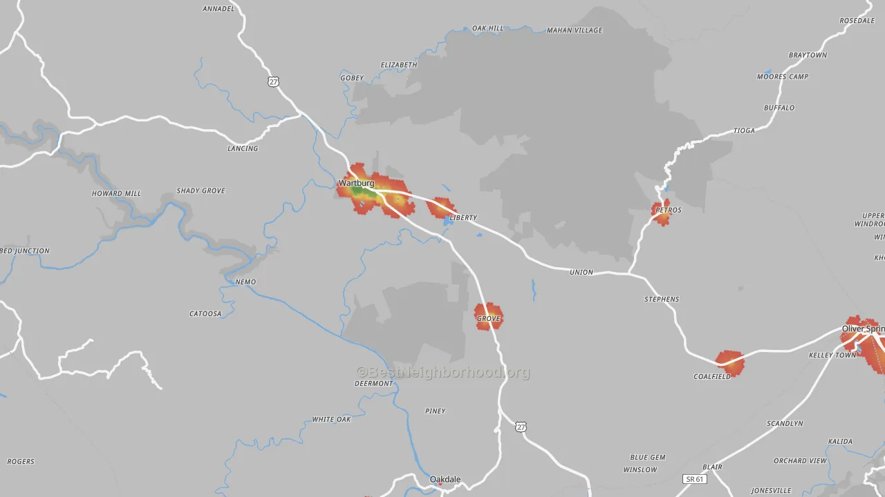 Walk Grade map of White Oak, TN, walkable areas in green and car-dependent areas in red