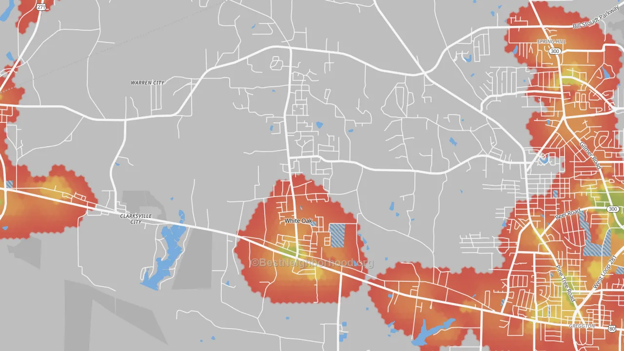 Walk Grade map of White Oak, TX, walkable areas in green and car-dependent areas in red