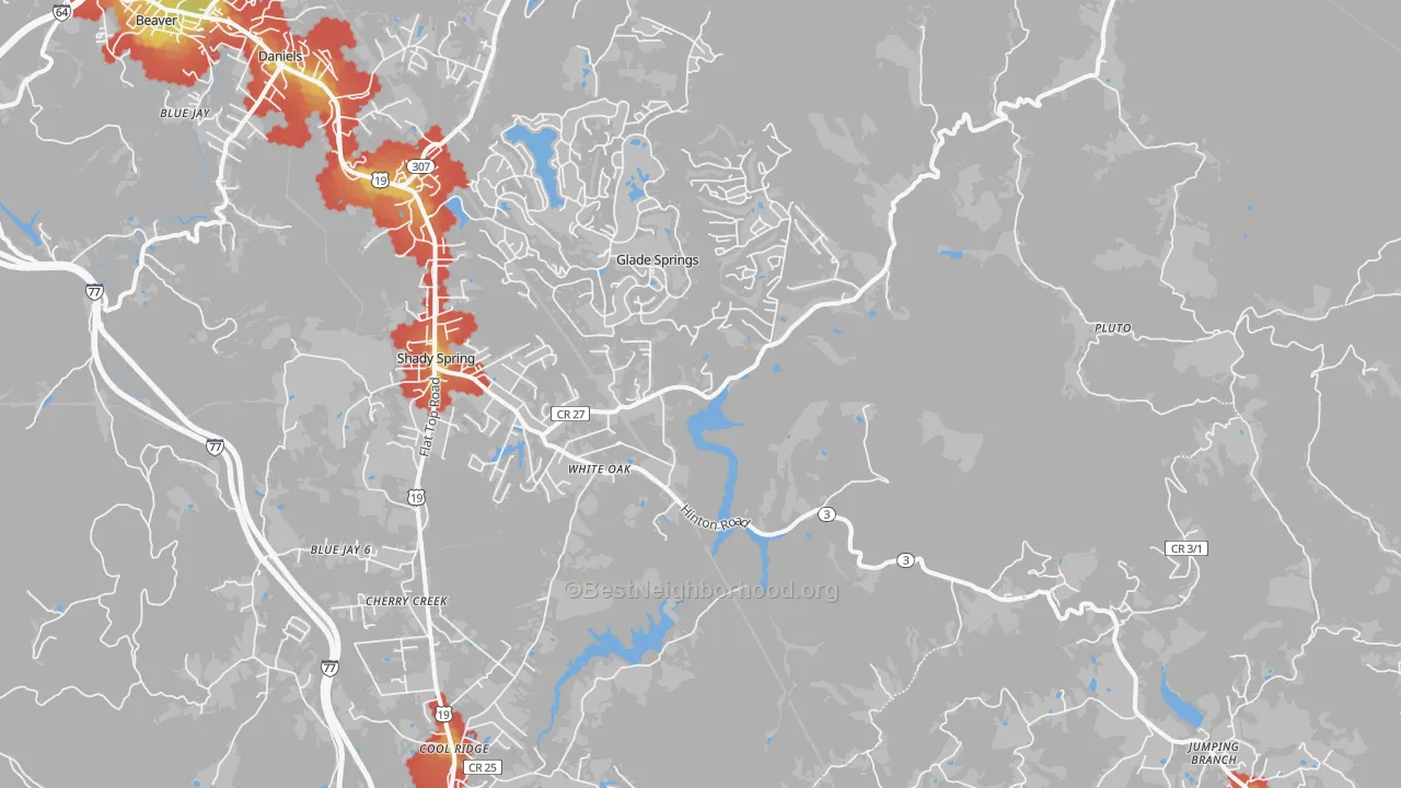 Walk Grade map of White Oak, WV, walkable areas in green and car-dependent areas in red
