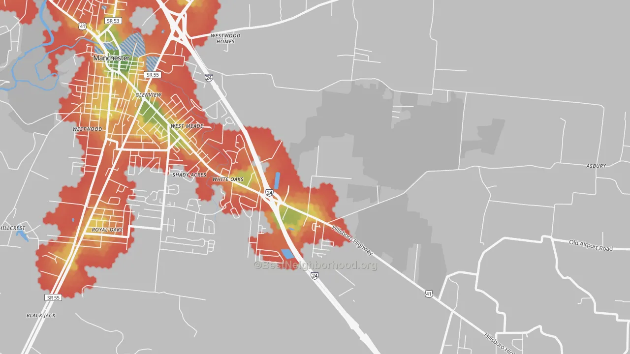 Walk Grade map of White Oaks, TN, walkable areas in green and car-dependent areas in red
