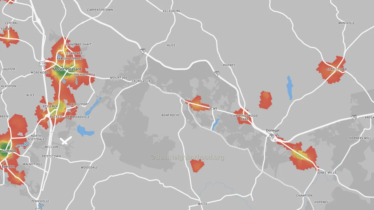 Walk Grade map of White, PA, walkable areas in green and car-dependent areas in red