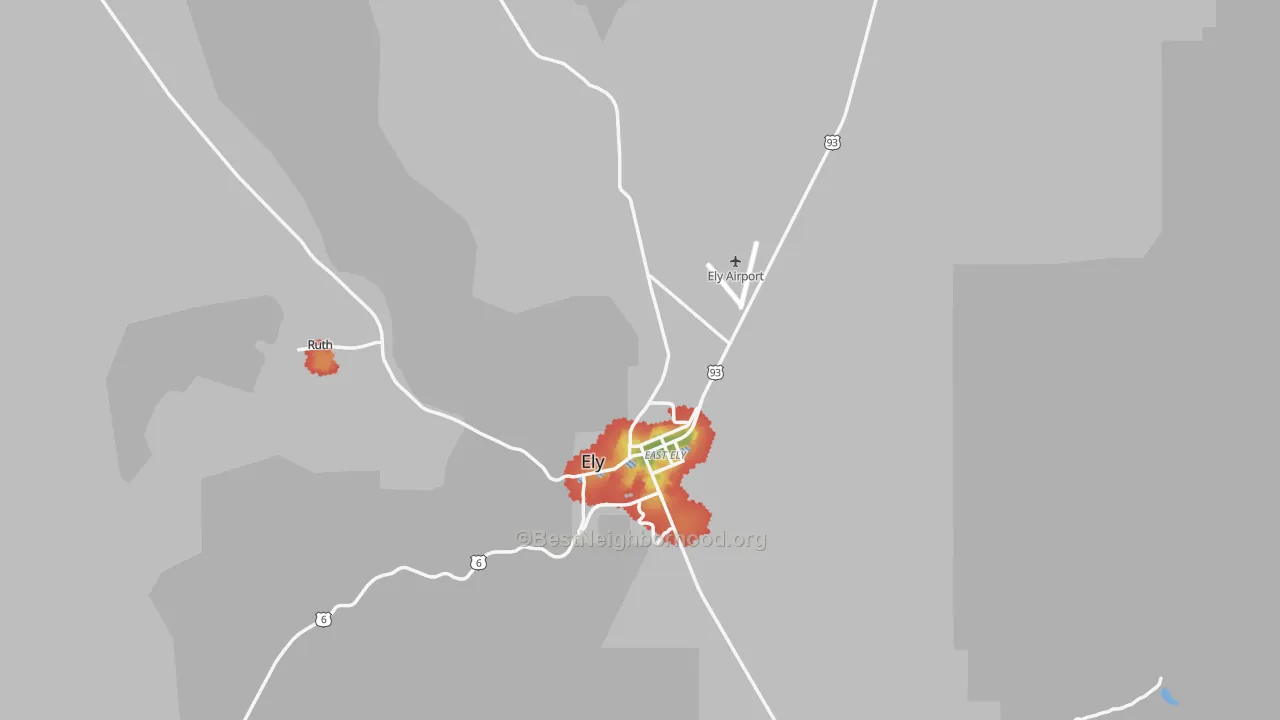 Walk Grade map of White Pine County, NV, walkable areas in green and car-dependent areas in red