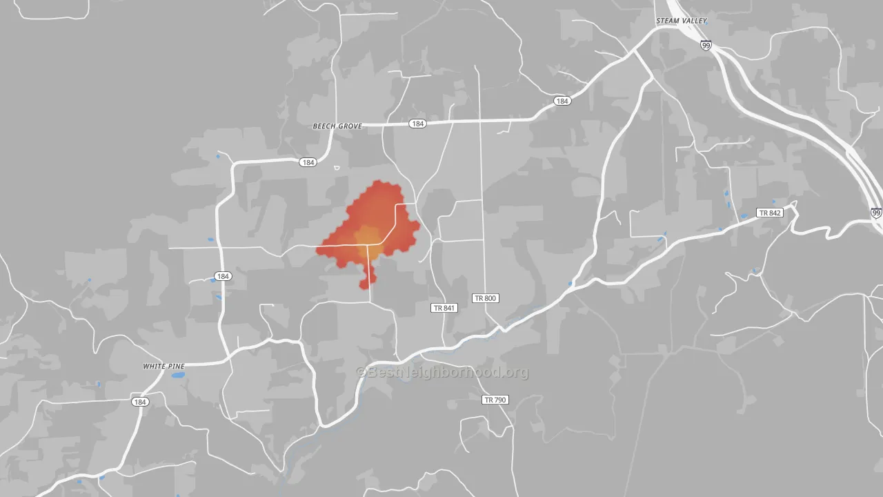 Walk Grade map of White Pine, PA, walkable areas in green and car-dependent areas in red