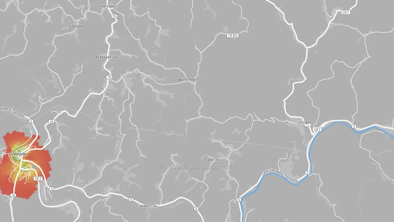 Walk Grade map of White Pine, WV, walkable areas in green and car-dependent areas in red