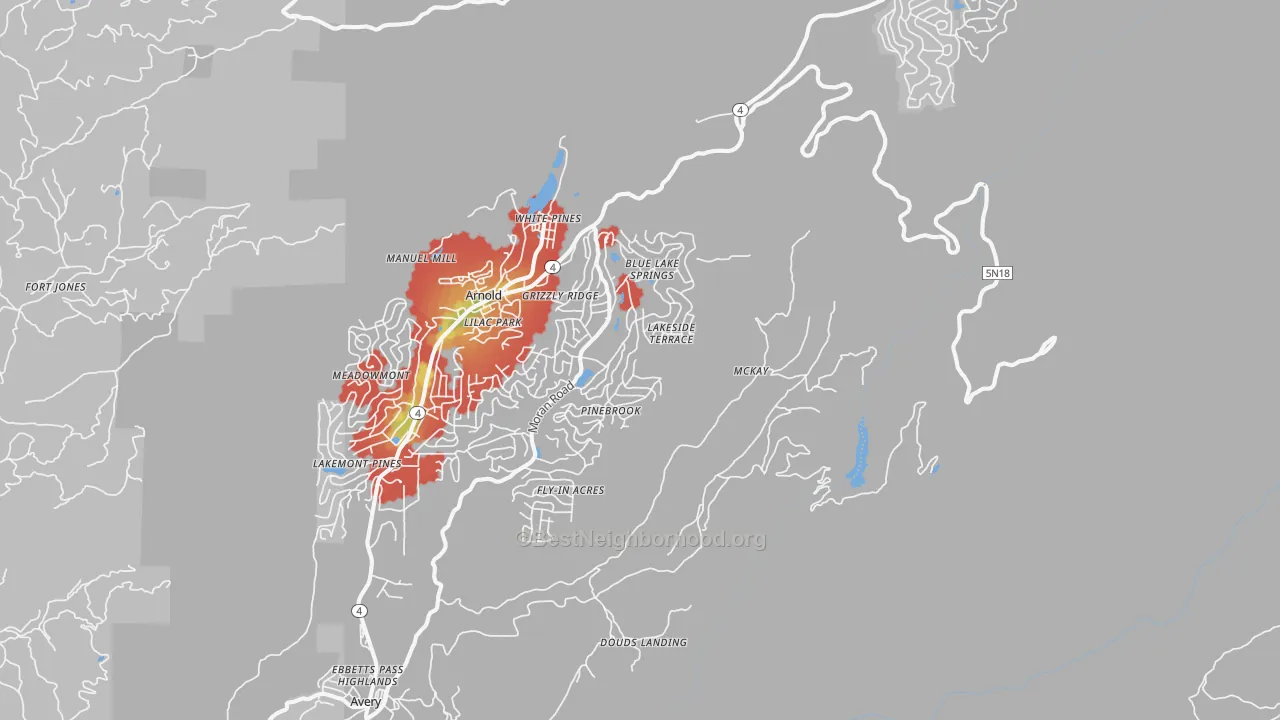 Walk Grade map of White Pines, CA, walkable areas in green and car-dependent areas in red