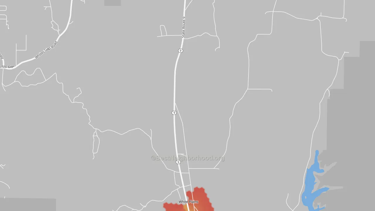 Walk Grade map of White Plains, AL, walkable areas in green and car-dependent areas in red