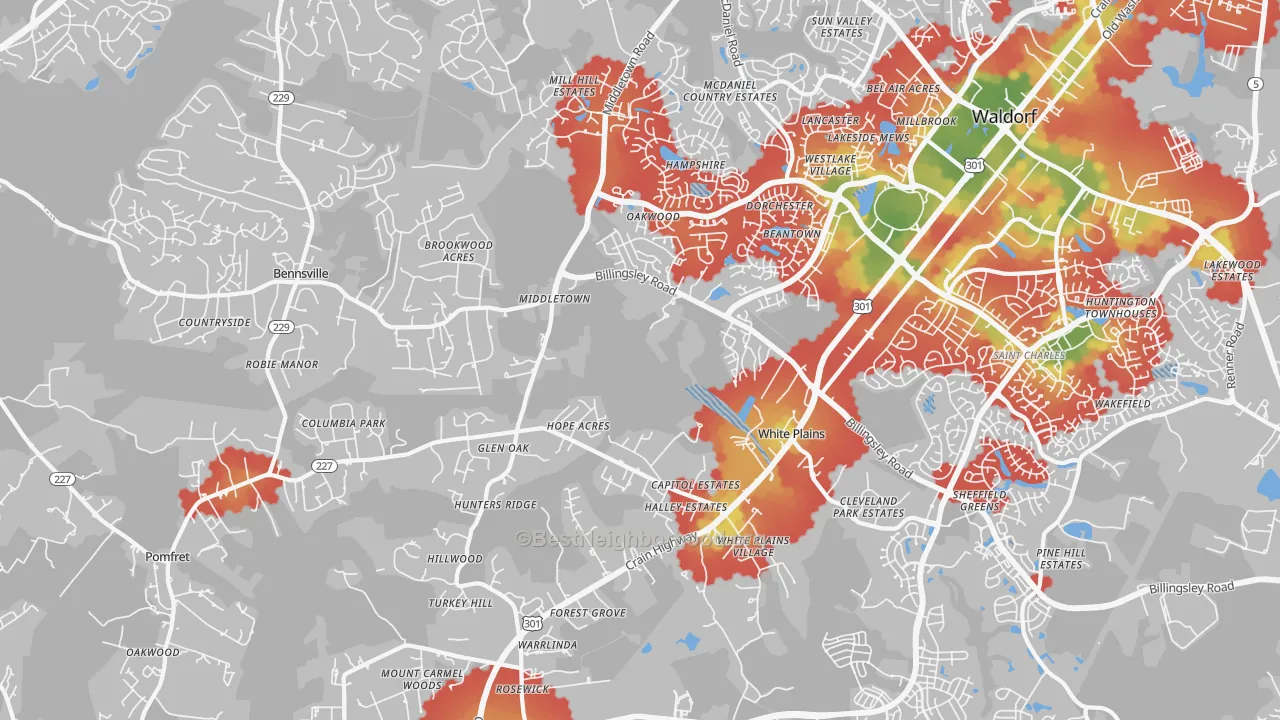 Walk Grade map of White Plains, MD, walkable areas in green and car-dependent areas in red