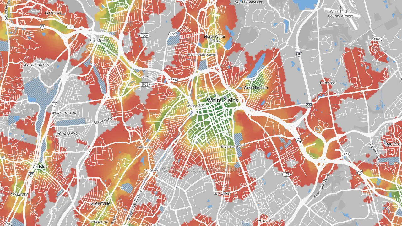 Walk Grade map of White Plains, NY, walkable areas in green and car-dependent areas in red