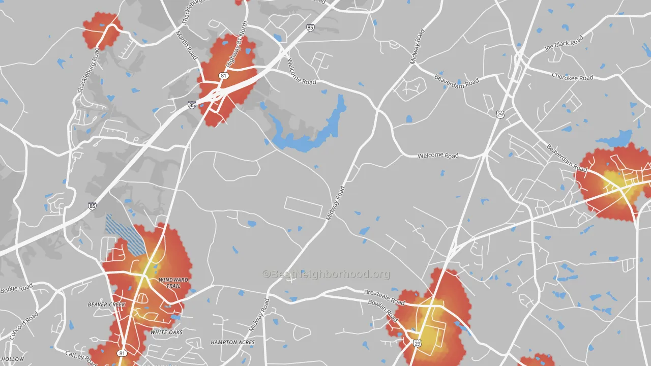 Walk Grade map of White Plains, SC, walkable areas in green and car-dependent areas in red
