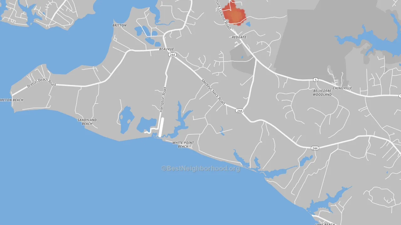 Walk Grade map of White Point Beach, MD, walkable areas in green and car-dependent areas in red