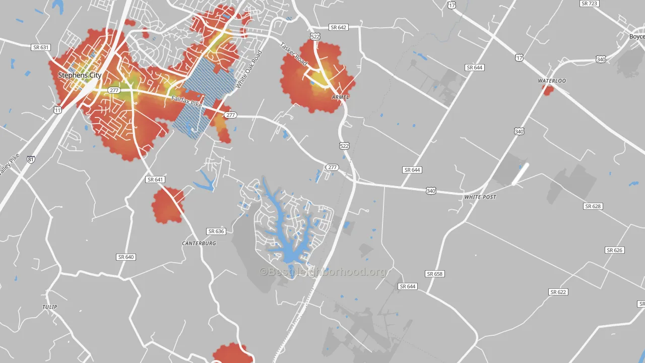 Walk Grade map of White Post, VA, walkable areas in green and car-dependent areas in red