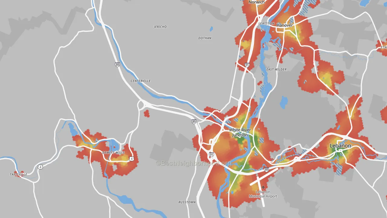Walk Grade map of White River Junction, VT, walkable areas in green and car-dependent areas in red