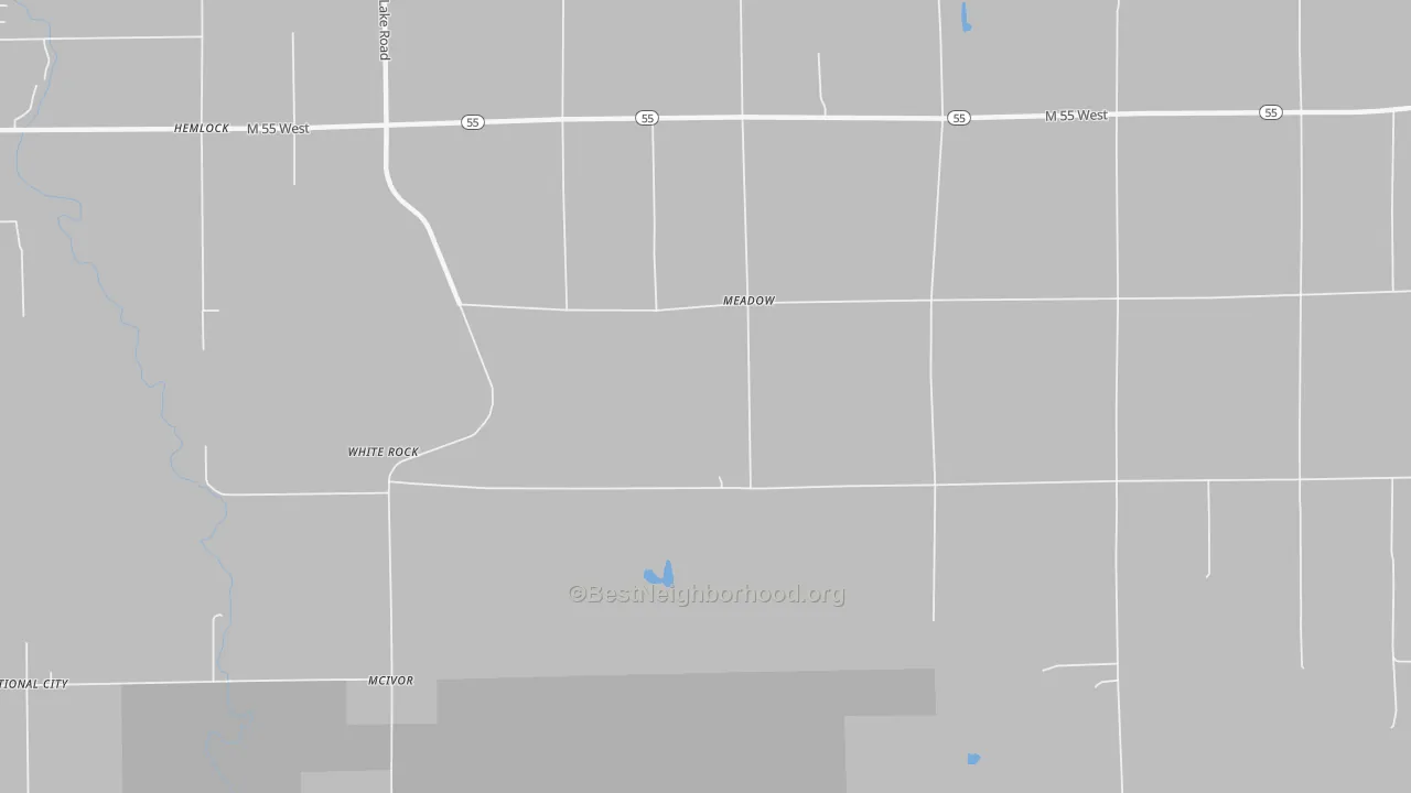 Walk Grade map of White Rock, MI, walkable areas in green and car-dependent areas in red