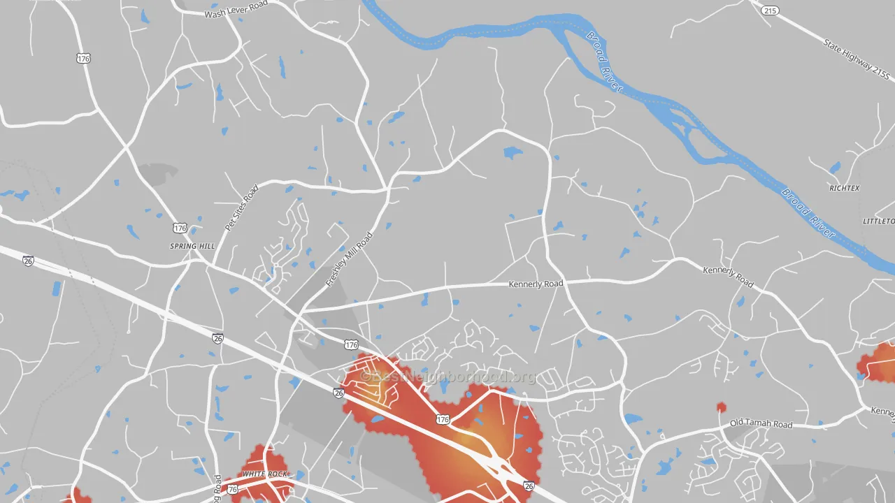 Walk Grade map of White Rock, SC, walkable areas in green and car-dependent areas in red