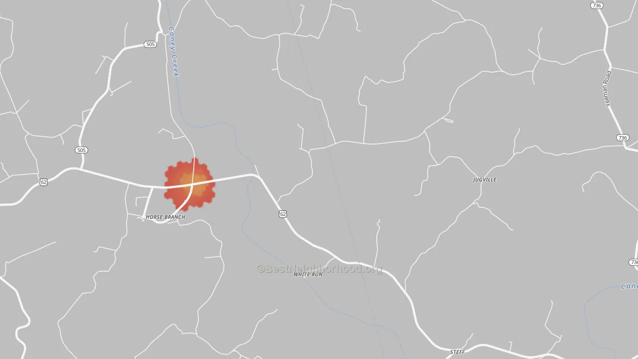 Walk Grade map of White Run, KY, walkable areas in green and car-dependent areas in red
