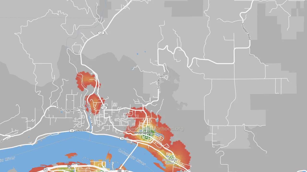 Walk Grade map of White Salmon, WA, walkable areas in green and car-dependent areas in red