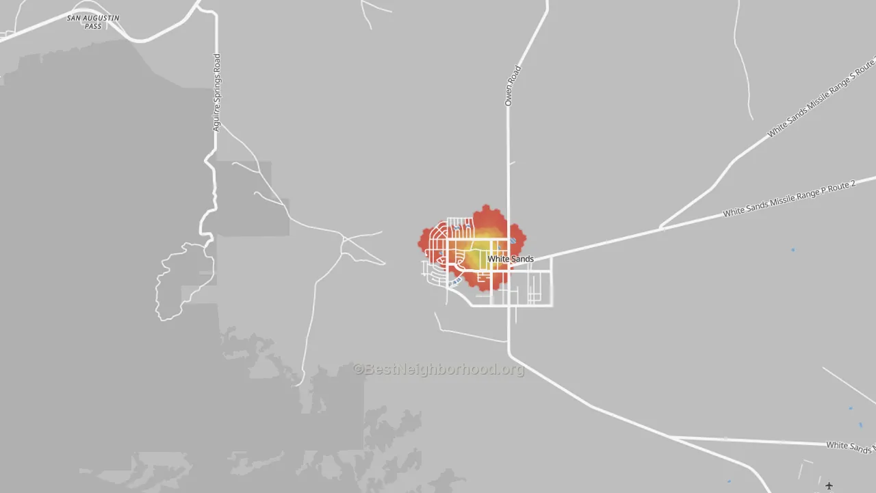 Walk Grade map of White Sands, NM, walkable areas in green and car-dependent areas in red