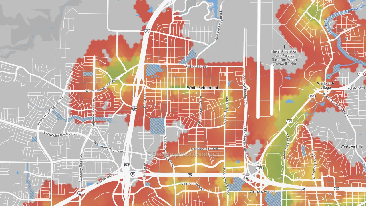 Walk Grade map of White Settlement, TX, walkable areas in green and car-dependent areas in red