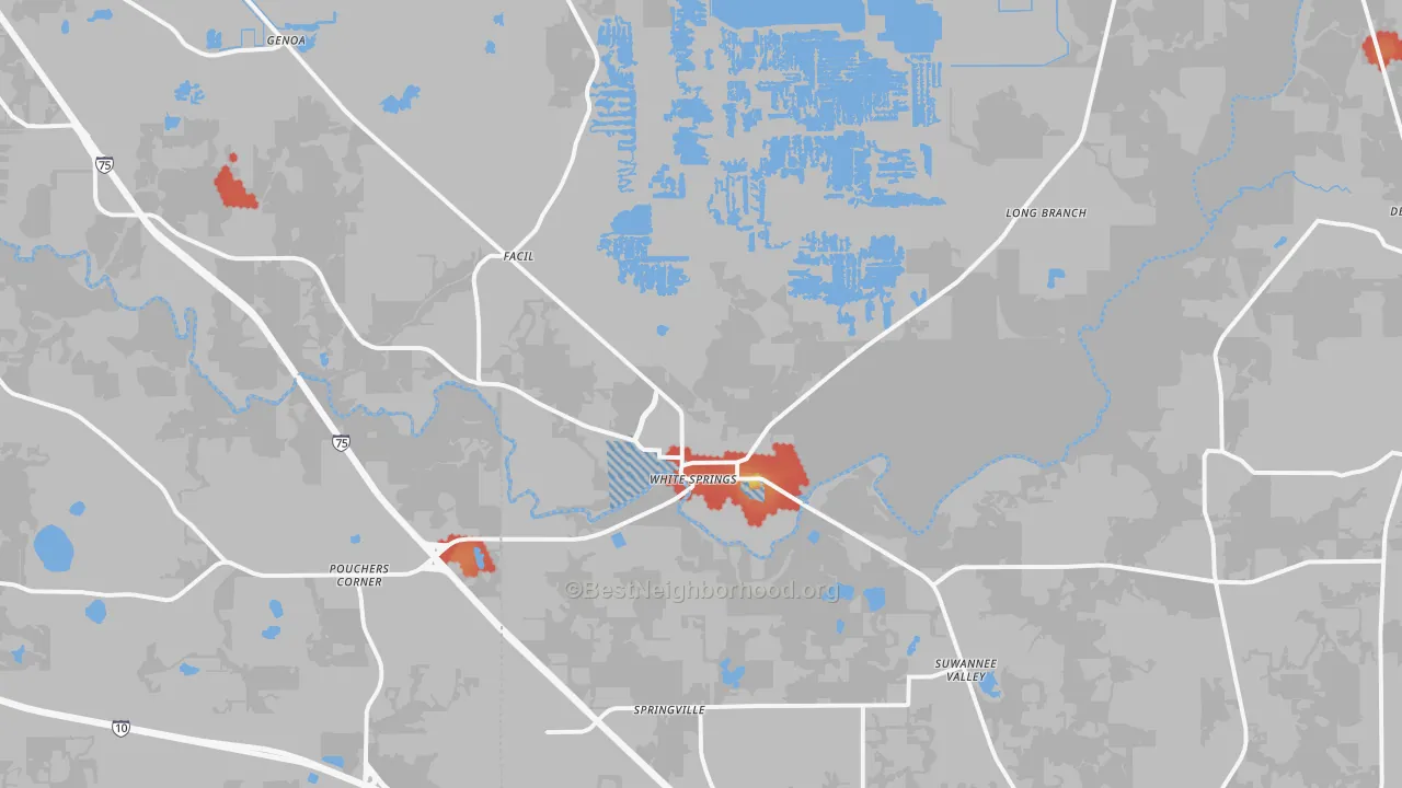 Walk Grade map of White Springs, FL, walkable areas in green and car-dependent areas in red