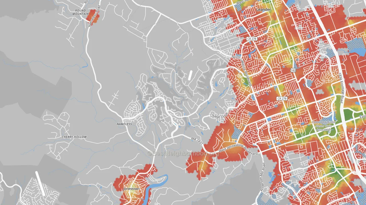 Walk Grade map of White Stone, TX, walkable areas in green and car-dependent areas in red