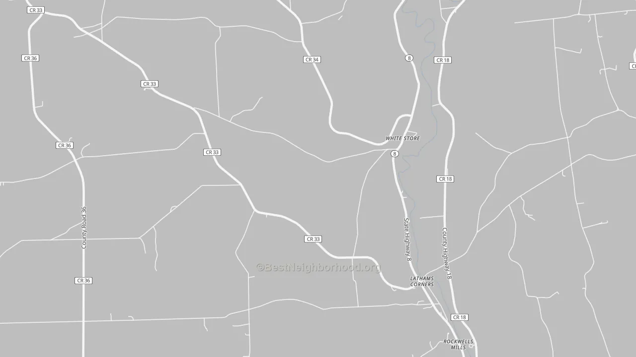 Walk Grade map of White Store, NY, walkable areas in green and car-dependent areas in red