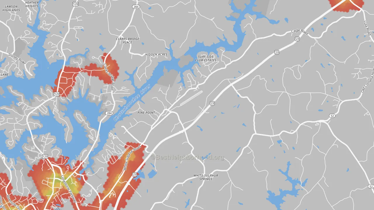 Walk Grade map of White Sulphur, GA, walkable areas in green and car-dependent areas in red