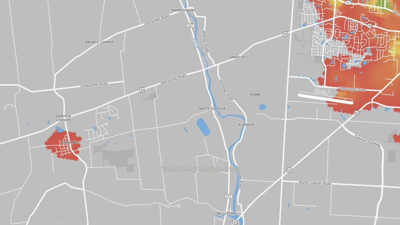 Walk Grade map of White Sulphur, OH, walkable areas in green and car-dependent areas in red