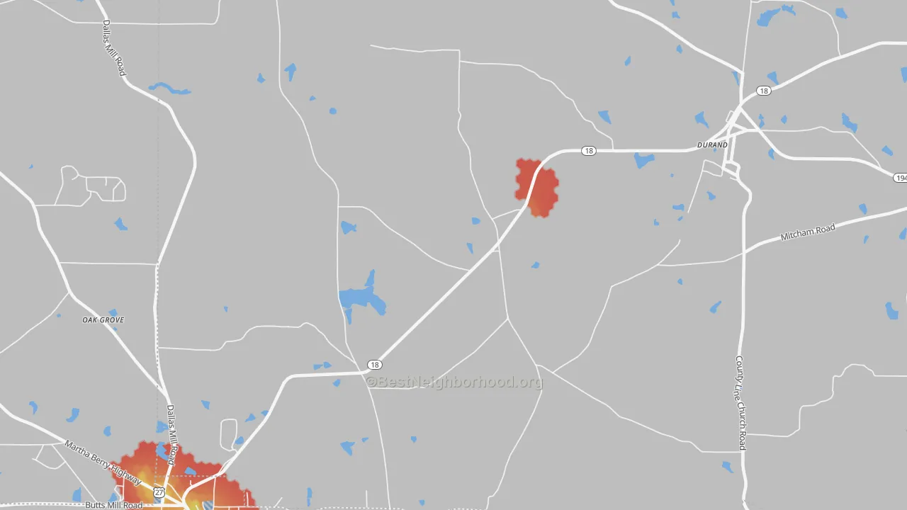 Walk Grade map of White Sulphur Springs, GA, walkable areas in green and car-dependent areas in red