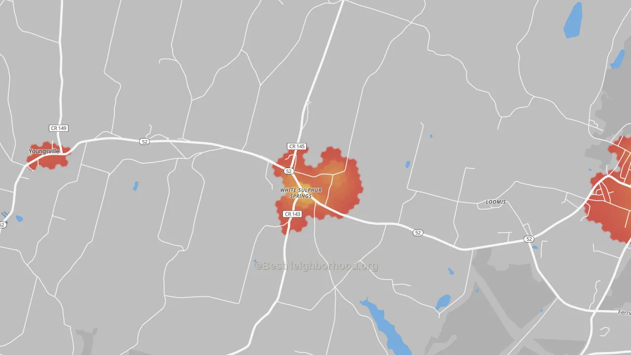 Walk Grade map of White Sulphur Springs, NY, walkable areas in green and car-dependent areas in red