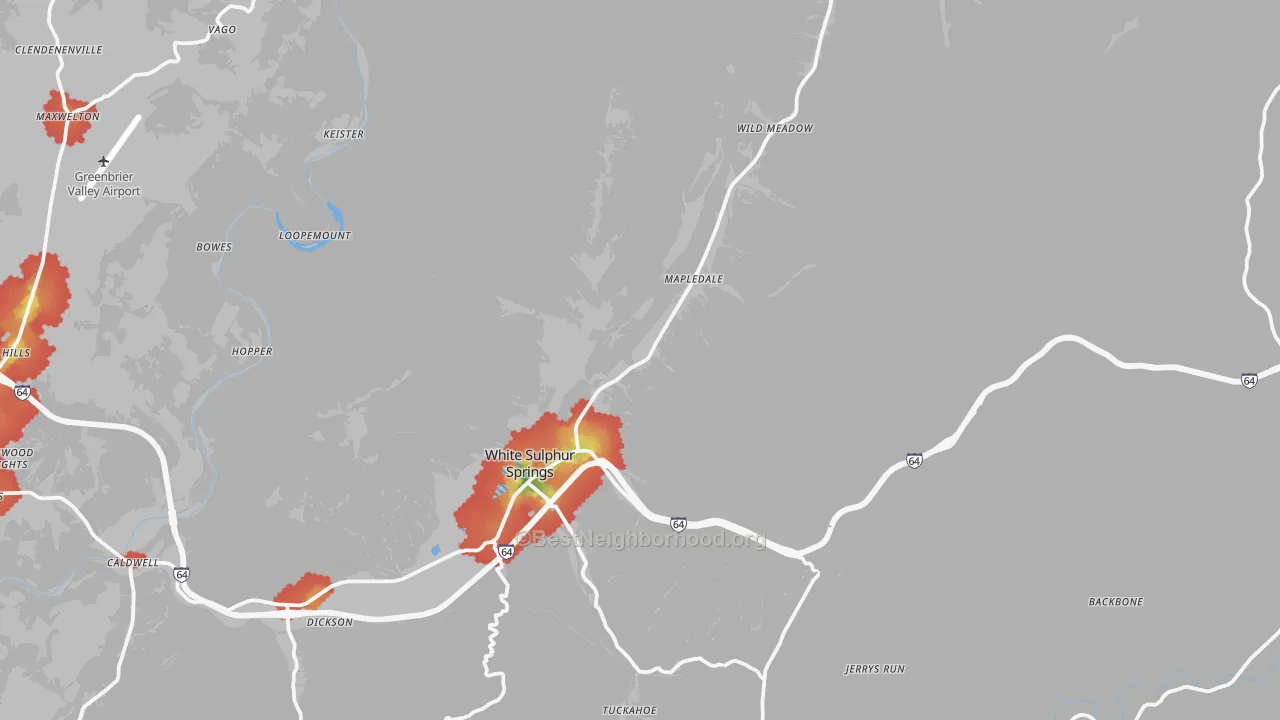 Walk Grade map of White Sulphur Springs, WV, walkable areas in green and car-dependent areas in red