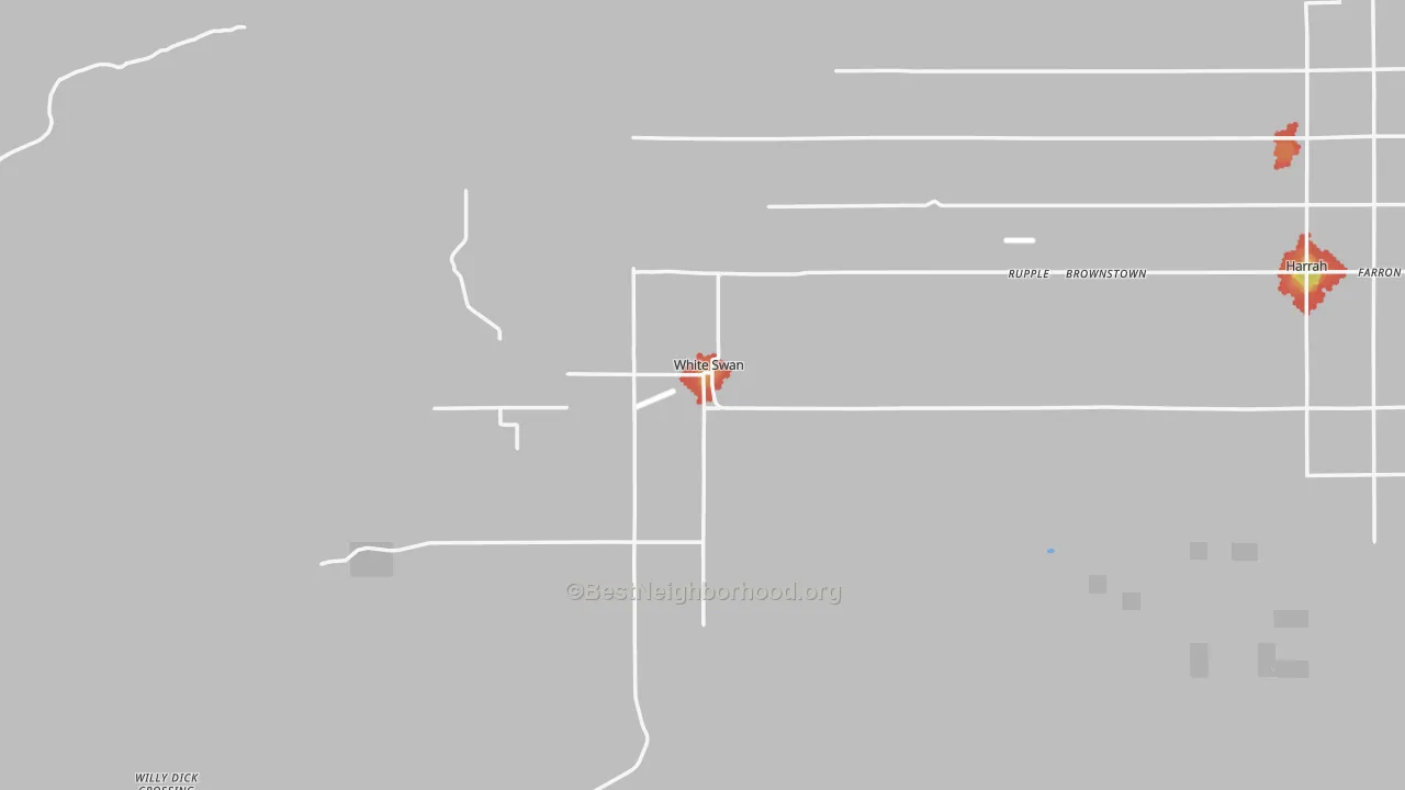 Walk Grade map of White Swan, WA, walkable areas in green and car-dependent areas in red