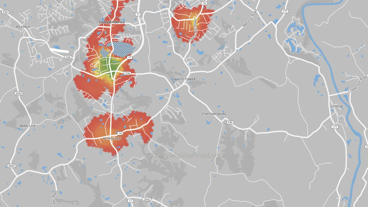 Walk Grade map of White Tower, KY, walkable areas in green and car-dependent areas in red