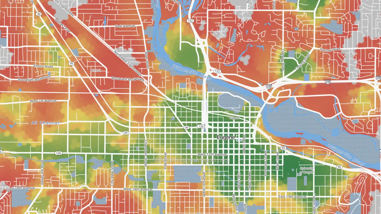 Walk Grade map of Whiteaker, Eugene, OR, walkable areas in green and car-dependent areas in red