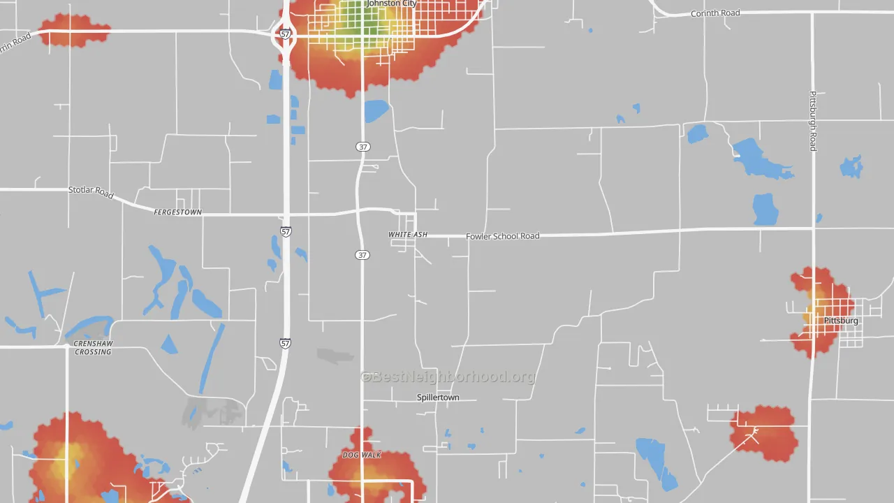 Walk Grade map of Whiteash, IL, walkable areas in green and car-dependent areas in red