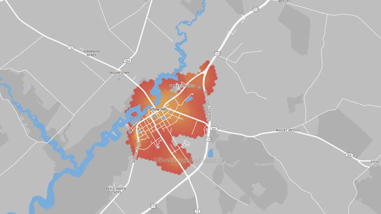 Walk Grade map of Whiteburg, MD, walkable areas in green and car-dependent areas in red