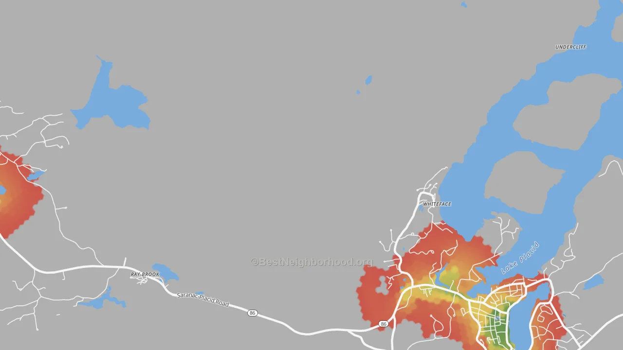 Walk Grade map of Whiteface, NY, walkable areas in green and car-dependent areas in red