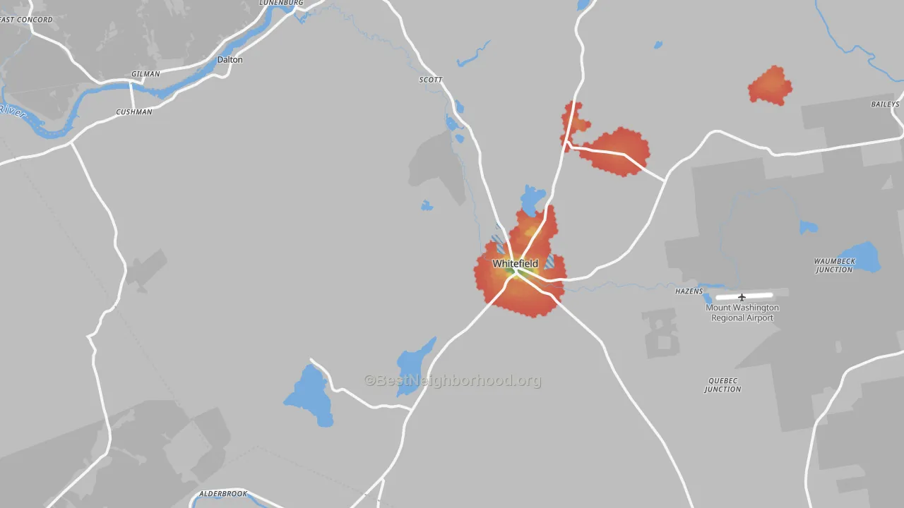 Walk Grade map of Whitefield, NH, walkable areas in green and car-dependent areas in red