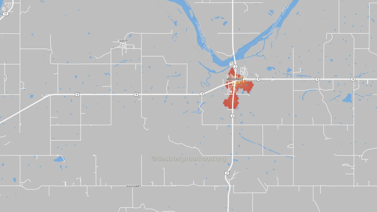 Walk Grade map of Whitefield, OK, walkable areas in green and car-dependent areas in red