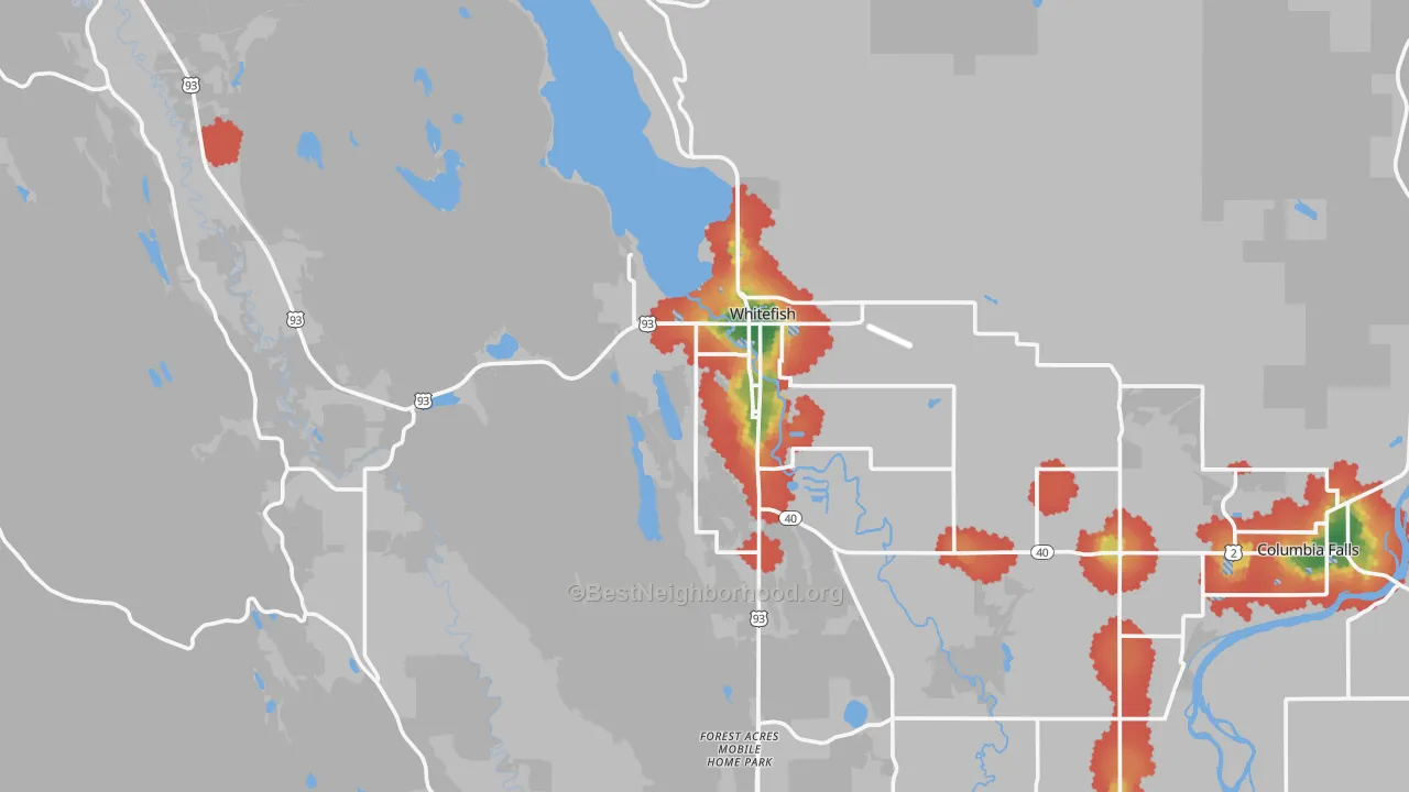 Walk Grade map of Whitefish, MT, walkable areas in green and car-dependent areas in red