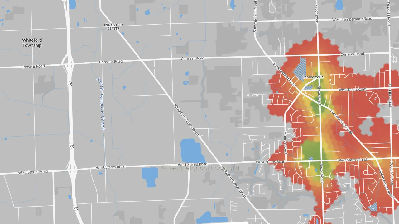Walk Grade map of Whiteford Center, MI, walkable areas in green and car-dependent areas in red
