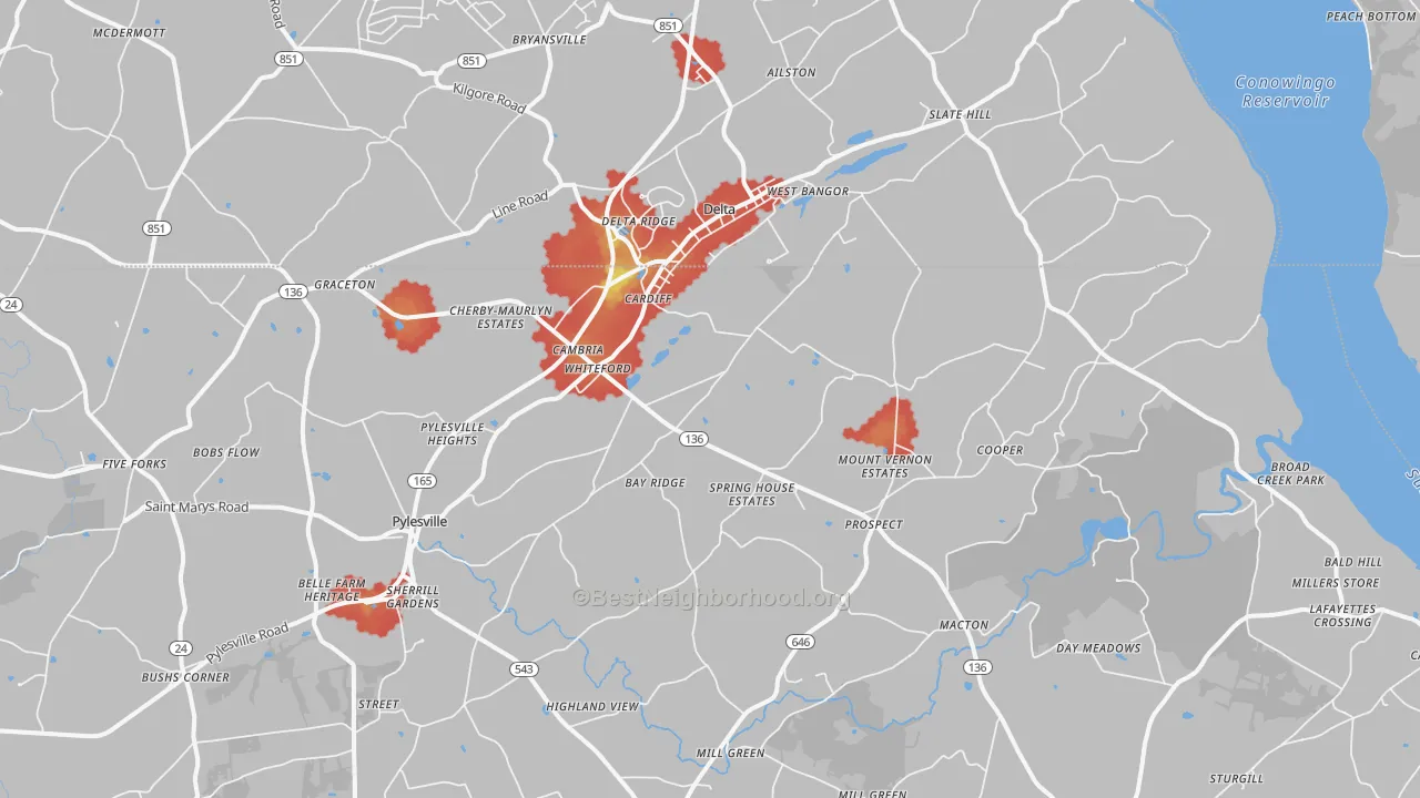 Walk Grade map of Whiteford, MD, walkable areas in green and car-dependent areas in red