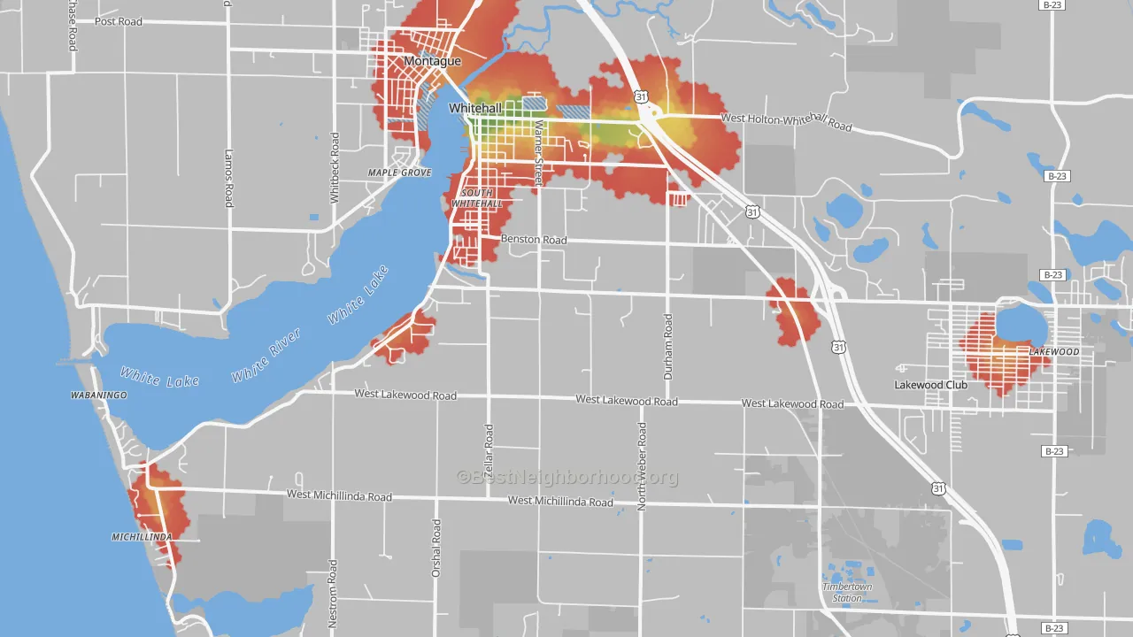 Walk Grade map of Whitehall, MI, walkable areas in green and car-dependent areas in red